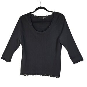 Debbie Morgan Black Knit Top 3/4 Sleeve Crochet Lace Trim Scoop Neck Large